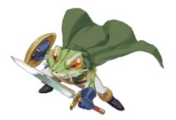 Rule 34 | 1boy, armor, cape, chrono trigger, closed mouth, colored sclera, frog (chrono trigger), gloves, male focus, nemurism, shield, simple background, solo, sword, weapon, white background