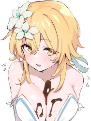 Rule 34 | 1girl, bare shoulders, blonde hair, blush, breasts, chocolate, chocolate on body, chocolate on breasts, cleavage, collarbone, commentary request, dress, flower, flying sweatdrops, food on body, genshin impact, hair between eyes, hair flower, hair ornament, highres, large breasts, looking at viewer, lumine (genshin impact), open mouth, short hair, short hair with long locks, simple background, solo, ukitaryu, upper body, white background, white dress, white flower, yellow eyes