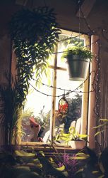 Rule 34 | absurdres, chair, danfango, day, deer, flower, hanging plant, highres, huge filesize, indoors, no humans, original, plant, potted plant, scenery, window, windowsill