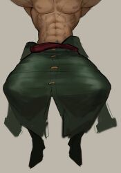 Rule 34 | 1boy, abs, absurdres, armpits, bara, crimcres, green hair, head out of frame, highres, large pectorals, lying, male focus, muscular, muscular male, navel, nipples, on back, one piece, pectorals, roronoa zoro, scar, scar across eye, short hair, solo, stomach, topless male, unfinished