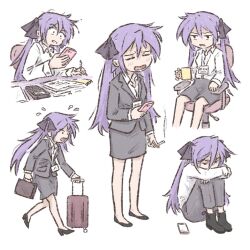 Rule 34 | 1girl, black skirt, calculator, cellphone, chair, cigarette, coffee mug, constricted pupils, cup, flying sweatdrops, hiiragi kagami, holding, holding cigarette, holding phone, lanyard, lucky star, medium skirt, mug, name tag, office chair, office lady, pencil skirt, phone, purple hair, rolling suitcase, sitting, skirt, smartphone, suitcase, swivel chair, truffleduster, twintails