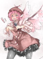 Rule 34 | !, !!, 1girl, bird wings, black pantyhose, blush, contrapposto, dress, feathered wings, hat feather, long sleeves, mystia lorelei, open mouth, ototobe, pantyhose, pink eyes, pink hair, short dress, short hair, solo, standing, touhou, wide sleeves, wings