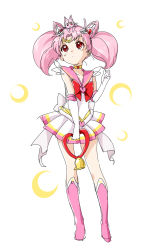 Rule 34 | 1girl, animal, animal on head, bishoujo senshi sailor moon, bishoujo senshi sailor moon supers, boots, brooch, cat, cat on head, chibi usa, choker, cone hair bun, crescent, crescent facial mark, diana (sailor moon), double bun, elbow gloves, facial mark, full body, gloves, hair bun, heart, heart brooch, highres, holding, jewelry, magical girl, multicolored clothes, multicolored skirt, namori, on head, pink footwear, pink hair, pleated skirt, red eyes, sailor chibi moon, sketch, skirt, super sailor chibi moon, tiara, twintails, white background, white gloves