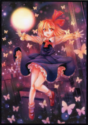 Rule 34 | 1girl, ascot, black border, black dress, blonde hair, border, bug, butterfly, commentary request, dress, frills, insect, long sleeves, looking at viewer, moon, mosho, night, open mouth, outstretched arms, red ascot, red eyes, red ribbon, ribbon, rumia, short hair, socks, solo, thighs, touhou, white socks, wide sleeves