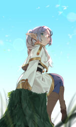 Rule 34 | 1girl, black pantyhose, blue sky, boots, brown footwear, capelet, day, drop earrings, earrings, elf, frieren, green eyes, grey hair, highres, jewelry, long hair, outdoors, pantyhose, pointy ears, raneblu, shirt, sitting, skirt, sky, solo, sousou no frieren, striped clothes, striped shirt, twintails, white capelet, white skirt