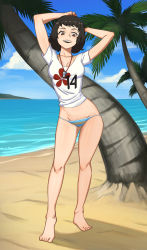 Rule 34 | 1girl, :d, arms behind head, barleyshake, beach, bikini, black hair, blue sky, breasts, brown eyes, brown hair, cloud, cloudy sky, commentary, commission, full body, highres, kawakami sadayo, open mouth, palm tree, persona, persona 5, shirt, short hair, short sleeves, sky, smile, solo, standing, striped bikini, striped clothes, swimsuit, tree, whistle, whistle around neck