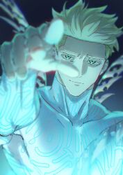 Rule 34 | 1boy, blonde hair, blue background, blurry, bodysuit, closed mouth, depth of field, glowing, green eyes, highres, male focus, millions knives, mole, mole under eye, outstretched arm, reaching, reaching towards viewer, rokuga1, short hair, skeletal wings, smile, solo, spiked hair, trigun, trigun stampede, upper body, wings