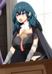 Rule 34 | 1girl, absurdres, blue eyes, blue hair, breasts, byleth (female) (fire emblem), byleth (fire emblem), cleavage, clothing cutout, desk, fire emblem, fire emblem: three houses, highres, huge breasts, lecturing, navel cutout, nicoseiga2102092, nintendo, open mouth, solo, tagme