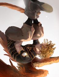 Rule 34 | 1boy, adam&#039;s apple, belt, black legwear, black shirt, blonde hair, blurry, boku no hero academia, boots, brown pants, costume, depth of field, ear piercing, earrings, facial hair, facial mark, feather sword, feathered wings, feathers, full body, goatee, h (letter), hawks (boku no hero academia), high collar, highres, holding, holding weapon, jewelry, lens flare, looking at viewer, male focus, pants, piercing, red feathers, red wings, shirt, short hair, short sleeves, signature, skin tight, soft focus, solo, striped clothes, striped shirt, stubble, stud earrings, sword, tight clothes, tight shirt, toned, toned male, unconventional weapon, upside-down, weapon, wings, yellow eyes, yu-ji (yu ji fa)