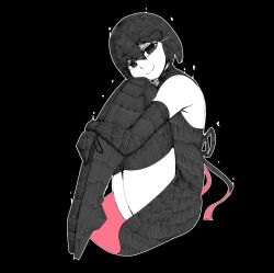 Rule 34 | 1girl, apron, armpit peek, black apron, black background, black eyes, black gloves, black hair, black thighhighs, commentary, elbow gloves, empty eyes, english commentary, gloves, hand on own leg, hatching (texture), highres, jitome, linear hatching, looking at viewer, monogatari (series), oshino ougi, outline, pale skin, partially shaded face, ruw ruler, short hair, simple background, sitting, smile, solo, thighhighs, white outline