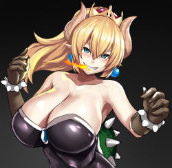 Rule 34 | 1girl, absurdres, bare shoulders, blonde hair, blush, bowsette, bracelet, breasts, breath weapon, breathing fire, cleavage, commentary request, crown, dress, earrings, elbow gloves, fire, gloves, grin, hair between eyes, highres, horns, huge breasts, impossible clothes, impossible dress, jewelry, long hair, mario (series), new super mario bros. u deluxe, nintendo, ponytail, sharp teeth, shiny skin, smile, solo, spiked bracelet, spikes, strapless, strapless dress, super crown, teeth, turtle shell, yashichii
