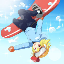 Rule 34 | 1girl, :d, blonde hair, cato (monocatienus), day, gloves, goggles, lens flare, looking at viewer, mittens, open mouth, red eyes, rumia, short hair, ski goggles, sky, smile, snow, snowboard, solo, touhou, upside-down, winter clothes