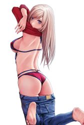 Rule 34 | 1girl, american flag bikini, applekun, arms up, ass, back, barefoot, bikini, blonde hair, blue eyes, breasts, clothes lift, clothes pull, denim, fate/grand order, fate (series), feet, flag print, foot out of frame, from behind, hair down, halterneck, highres, jeans, kneeling, large breasts, long hair, long sleeves, looking at viewer, looking back, miyamoto musashi (fate), miyamoto musashi (fate/grand order), miyamoto musashi (swimsuit berserker) (fate), miyamoto musashi (swimsuit berserker) (second ascension) (fate), pants, pants pull, red shirt, shirt, shirt lift, sideboob, simple background, soles, solo, straight hair, swimsuit, undressing, white background