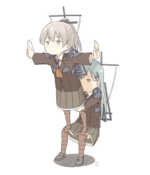 Rule 34 | 10s, 2girls, chibi, kantai collection, kawashina (momen silicon), kumano (kancolle), long hair, multiple girls, outstretched arms, personification, short hair, simple background, skirt, suzuya (kancolle), uniform, white background