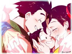 Rule 34 | 1girl, 3boys, artist name, black eyes, black hair, blush, brothers, chi-chi (dragon ball), child, closed eyes, crying, dragon ball, dragonball z, earrings, family, father and son, forehead-to-forehead, hands on another&#039;s face, heads together, hug, jewelry, looking at another, mother and son, multiple boys, ochanoko (get9-sac), out of frame, siblings, simple background, son gohan, son goku, son goten, tears, twitter username, white background, wristband