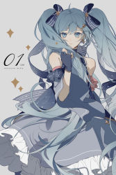 Rule 34 | 1girl, bad id, bad pixiv id, bare shoulders, black gloves, blue bow, blue eyes, blue hair, blue shirt, bow, character name, commentary, detached sleeves, fingerless gloves, frilled skirt, frills, gloves, grey background, grey skirt, grey sleeves, hair between eyes, hair bow, hand up, hatsune miku, highres, long hair, long sleeves, shirt, simple background, skirt, sleeveless, sleeveless shirt, snowflakes, solo, sparkle, star (symbol), striped, striped bow, twintails, very long hair, vocaloid, wide sleeves, yuki miku, zhibuji loom