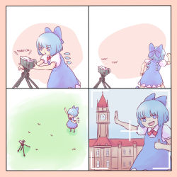 Rule 34 | 1girl, blue dress, blue hair, camera, cirno, comic, commentary, dress, english text, failure, highres, running, scarlet devil mansion, selfie, solo, thumbs up, touhou, viewfinder, yoruny, you&#039;re doing it wrong