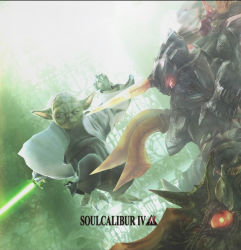 Rule 34 | 00s, 2008, age difference, armor, cloak, colored skin, crossover, determined, disney, energy, energy sword, energy weapon, glowing, glowing sword, glowing weapon, green skin, height difference, lightsaber, namco, nightmare (soulcalibur), official art, red eyes, soul calibur, soul edge (weapon), soulcalibur, soulcalibur iv, stained glass, star wars, stone, stone wall, sword, wall, weapon, window, yoda