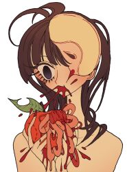 Rule 34 | 1other, apple, apple slice, bare shoulders, bite mark, blood, blood from mouth, blood on hands, blue eyes, brown hair, eating, empty eyes, food, fruit, guro, hands up, holding, holding food, holding fruit, injury, intestines, long hair, meremero, nail polish, original, red apple, red nails, simple background, solo, surreal, upper body, white background