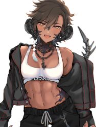 Rule 34 | 1girl, au ra, bare shoulders, black jacket, black pants, breasts, brown eyes, brown hair, chocobo, dark skin, feet out of frame, final fantasy, final fantasy xiv, hair between eyes, highres, horns, jacket, looking at viewer, midriff, multiple necklaces, navel, open mouth, pants, red trim, short hair, small breasts, solo, sweat, sweatpants, tail, tank top, teeth, toned, upper teeth only, warrior of light (ff14), white tank top, yijie zhaochun