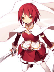 Rule 34 | 10s, 1girl, alternate color, alternate eye color, alternate hair color, bad id, bad pixiv id, cape, detached sleeves, dual wielding, gloves, hair ornament, hairclip, hijiri (resetter), holding, magical girl, mahou shoujo madoka magica, mahou shoujo madoka magica (anime), miki sayaka, orange eyes, red hair, short hair, simple background, skirt, solo, sword, thighhighs, weapon, white background, white gloves, white thighhighs