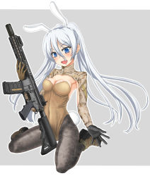 Rule 34 | 1girl, animal ears, ar-15, assault rifle, bad id, bad pixiv id, black pantyhose, blue eyes, blush, breasts, brown eyes, brown footwear, brown leotard, camouflage, camouflage legwear, cleavage, commentary request, covered navel, fake animal ears, fake tail, full body, grey background, gun, hair between eyes, highleg, highleg leotard, highres, holding, holding gun, holding weapon, leotard, long hair, long sleeves, looking at viewer, medium breasts, open mouth, original, outside border, pantyhose, petag2, playboy bunny, rabbit ears, rabbit tail, rifle, shoes, shrug (clothing), silver hair, sitting, smile, solo, strapless, strapless leotard, tail, weapon, zipper