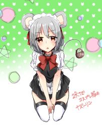 Rule 34 | 1girl, abe suke, alternate costume, animal ears, apron, basket, between legs, blush, bow, bowtie, brown eyes, enmaided, grey hair, hand between legs, highres, looking at viewer, maid, maid headdress, mouse ears, mouse tail, nazrin, open mouth, red bow, red bowtie, seiza, short hair, short sleeves, signature, sitting, solo, sweat, tail, thighhighs, touhou, waist apron, white thighhighs, zettai ryouiki