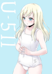 Rule 34 | 1girl, blonde hair, blue background, blue eyes, character name, cowboy shot, fingers together, highres, kantai collection, long hair, looking to the side, one-piece swimsuit, school swimsuit, solo, swimsuit, takomeshi, u-511 (kancolle), white one-piece swimsuit, white school swimsuit