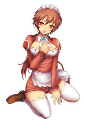 Rule 34 | 1girl, :d, apron, basket, blush, breasts, brown eyes, brown hair, female focus, full body, headdress, kara (color), loafers, long hair, medium breasts, open mouth, paffel, panties, pantyshot, shoes, simple background, sitting, smile, solo, summon night, summon night 2, thighhighs, underwear, waitress, wariza, white background, white panties, white thighhighs