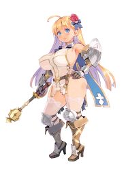 Rule 34 | ahoge, areola slip, arm shield, armpits, blonde hair, blue eyes, boots, breasts, covered erect nipples, covered navel, curvy, dairoku ryouhei, earrings, elbow gloves, flower, gloves, hair flower, hair ornament, hand on own hip, high heels, highres, holding mace, huge breasts, jewelry, knee boots, knee pads, long hair, official art, photoshop (medium), ryoji (nomura ryouji), sideboob, sweatdrop, thighhighs, transparent background, white thighhighs