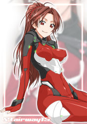 Rule 34 | 10s, 1girl, bodysuit, breasts, brown eyes, brown hair, covered erect nipples, gold rush, guilty crown, large breasts, long hair, looking at viewer, ponytail, shinomiya ayase, sitting, smile, solo, suzuki address, zoom layer