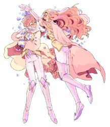 Rule 34 | 1boy, 1girl, androgynous, blue flower, boots, cape, closed eyes, commission, floral print, floral print sleeves, flower, flower on head, gloves, leg up, long hair, one eye closed, original, pants, pink cape, pink flower, pink hair, pink rose, pink sleeves, print sleeves, rii abrego, rose, shirt, short hair, simple background, smile, wavy hair, white background, white footwear, white gloves, white pants, yellow cape, yellow shirt