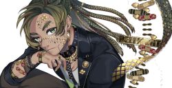 Rule 34 | 1boy, black jacket, bracelet, character name, commentary, commentary request, dreadlocks, english commentary, green hair, highres, jacket, jewelry, long hair, long sleeves, male focus, mixed-language commentary, original, shirt, snakeskin, solo, too many bandaids, upper body, white background, zzb azz