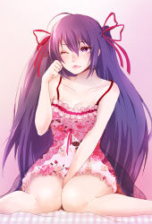 Rule 34 | 1girl, alternate costume, arm between legs, arm up, blush, breasts, chechkered, checkered bed sheet, cleavage, clenched hand, closed mouth, commentary, date a live, floral print, frown, gradient background, hair between eyes, hair ribbon, lingerie, lips, long hair, medium breasts, nose blush, one eye closed, pink background, purple eyes, purple hair, red ribbon, ribbon, shari cote, simple background, sitting, solo, underwear, very long hair, wariza, yatogami tooka