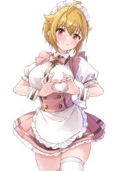 Rule 34 | 1girl, absurdres, ahoge, alternate costume, apron, b1ack illust, blonde hair, blush, bow, bowtie, enmaided, frilled apron, frills, heart, heart hands, highres, ibuki tsubasa, idolmaster, idolmaster million live!, looking at viewer, maid, maid headdress, pink bow, pink bowtie, puffy short sleeves, puffy sleeves, red eyes, short sleeves, simple background, smile, solo, thighhighs, waist apron, white background, white thighhighs, wrist cuffs, zettai ryouiki