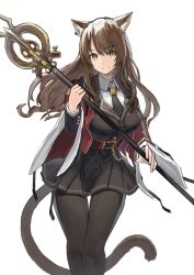 Rule 34 | 1girl, animal ears, arknights, black dress, black necktie, black pantyhose, blouse, brown hair, cat ears, cat girl, cat tail, commentary, dress, feet out of frame, highres, holding, holding staff, jacket, long hair, looking at viewer, necktie, open clothes, open jacket, pantyhose, pleated dress, red jacket, sentou kouhei kitsune, shirt, simple background, skyfire (arknights), solo, staff, standing, tail, vertical-striped clothes, vertical-striped necktie, white shirt