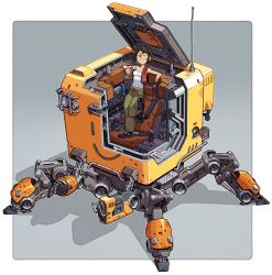 Rule 34 | 1girl, bottle, breasts, brown hair, cameron sewell, cargo pants, cockpit, commentary, controller, cross-section, cube, electric fan, english commentary, closed eyes, full body, gun, hatch, highres, hot, joystick, mecha, mechanical arms, open hatch, original, pants, robot, seat, short ponytail, single mechanical arm, small breasts, solo, standing, sweat, tan, tank top, tanline, towel, towel around neck, water bottle, weapon