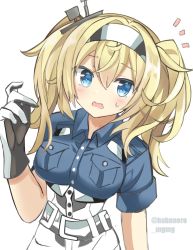Rule 34 | 1girl, ^^^, blonde hair, blue eyes, blue shirt, breast pocket, breasts, collared shirt, cowboy shot, fathom, gambier bay (kancolle), gloves, hairband, highres, kantai collection, large breasts, long hair, multicolored clothes, multicolored gloves, open mouth, pocket, shirt, shorts, simple background, solo, twintails, twitter username, white background