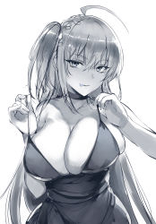 Rule 34 | 1girl, ahoge, azur lane, bad id, bad pixiv id, bare shoulders, belko, blue theme, blush, breasts, choker, cleavage, cocktail dress, collarbone, dress, dress tug, hair between eyes, hair ornament, highres, huge breasts, large breasts, licking lips, long hair, looking at viewer, monochrome, one side up, simple background, skindentation, smile, solo, taihou (azur lane), taihou (forbidden feast) (azur lane), tongue, tongue out, upper body, very long hair, white background