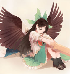 Rule 34 | 1girl, arm cannon, bad id, bad pixiv id, beige background, black eyes, black footwear, black hair, black socks, black wings, bow, cape, closed mouth, feathered wings, full body, green bow, green eyes, hair bow, hand on own arm, highres, kneehighs, loafers, long hair, looking at viewer, reiuji utsuho, shirt, shoes, short sleeves, simple background, sitting, smile, socks, solo, starry sky print, surumeri (baneiro), third eye, touhou, weapon, white shirt, wings, yellow background