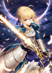 Rule 34 | 1girl, ahoge, armor, armored dress, artoria pendragon (all), artoria pendragon (fate), blonde hair, blue ribbon, braid, breasts, commentary request, dress, excalibur (fate/stay night), fate/stay night, fate (series), feathers, gabiran, gauntlets, green eyes, hair between eyes, hair ribbon, holding, holding sword, holding weapon, looking at viewer, puffy sleeves, ribbon, saber (fate), short hair, solo, sword, weapon, white feathers