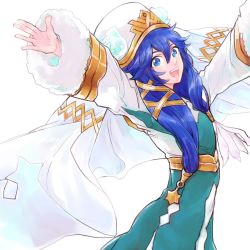 Rule 34 | 1girl, blue dress, blue eyes, blue hair, cosplay, dress, fire emblem, fire emblem awakening, fire emblem heroes, fur trim, gunnthra (fire emblem), gunnthra (fire emblem) (cosplay), hair between eyes, long hair, long sleeves, lucina (fire emblem), nezumoto, nintendo, open mouth, outstretched arms, simple background, solo, spread arms, veil, white background