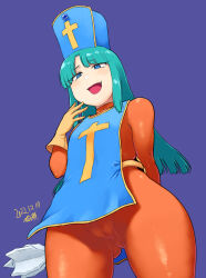 Rule 34 | 1girl, :d, arm behind back, artist name, blue eyes, blue hair, blunt bangs, bodysuit, cameltoe, dated, dragon quest, dragon quest iii, fang, from below, gloves, gluteal fold, hat, highres, holding mace, long hair, open mouth, orange bodysuit, priest (dq3), purple background, simple background, smile, solo, tsukudani (coke-buta), yellow gloves
