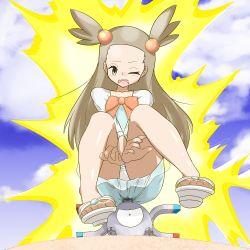 Rule 34 | 1girl, anal, black eyes, blue dress, blue sky, blush, bow, brown eyes, brown hair, cloud, collarbone, creatures (company), day, dress, electrocution, female focus, forehead, full body, game freak, gen 1 pokemon, hair bobbles, hair ornament, highres, jasmine (pokemon), long hair, magnemite, magnet, nintendo, one-eyed, one eye closed, open mouth, outdoors, panties, pokemon, pokemon (creature), pokemon hgss, red bow, sandals, screw, shiny skin, sitting, sky, solo focus, teeth, two side up, underwear, upskirt, v arms, white footwear, white panties, zeoraito