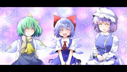 Rule 34 | 3girls, ^ ^, ascot, blue dress, blue eyes, blue hair, bow, cirno, daiyousei, dress, closed eyes, fairy, green hair, hair bow, hat, hiro (pqtks113), ice, letterboxed, letty whiterock, long hair, multiple girls, open mouth, purple hair, ribbon, scarf, seiza, shoes, short hair, side ponytail, sitting, smile, snowflakes, touhou, white scarf, wings