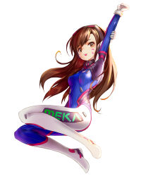 Rule 34 | 1girl, acronym, arm behind head, arm grab, armor, arms up, bodysuit, boots, bracer, breasts, breasts apart, brown eyes, brown hair, d.va (overwatch), ehart, eyebrows, facepaint, facial mark, gloves, headphones, legs up, long hair, long sleeves, looking at viewer, matching hair/eyes, medium breasts, midair, open mouth, overwatch, overwatch 1, pauldrons, pilot suit, ribbed bodysuit, shoulder armor, shoulder pads, simple background, skin tight, smile, solo, thigh boots, thigh strap, thighhighs, turtleneck, whisker markings, white background, white footwear, white gloves