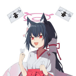 Rule 34 | 1girl, absurdres, anger vein, animal ear fluff, animal ears, black hair, blue archive, breasts, cat ears, clenched hands, collarbone, fang, hair tubes, halo, hands up, highres, holding, holding paper, japanese clothes, kimono, mahou gnome, miko, omikuji, open mouth, paper, pink halo, ponytail, red eyes, serika (blue archive), serika (new year) (blue archive), simple background, skin fang, solo, tearing up, upper body, white background, white kimono
