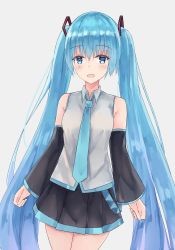 Rule 34 | 1girl, :d, akaya (pixiv20545353), bare shoulders, black skirt, black sleeves, blue eyes, blue hair, blue necktie, blush, breasts, collared shirt, commentary request, cowboy shot, detached sleeves, grey background, grey shirt, hair between eyes, hair ornament, hatsune miku, highres, long hair, long sleeves, looking at viewer, necktie, open mouth, pleated skirt, shirt, sidelocks, simple background, skirt, sleeveless, sleeveless shirt, sleeves past wrists, small breasts, smile, solo, twintails, very long hair, vocaloid
