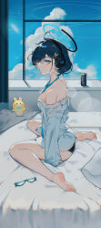 Rule 34 | 1girl, absurdres, aqua necktie, ass, bare legs, bare shoulders, barefoot, bed, bed sheet, between breasts, black panties, blue archive, blue sky, blush, breasts, can, chihiro (blue archive), clothes pull, unworn eyewear, halo, headphones, highres, indoors, looking at viewer, looking to the side, medium breasts, necktie, necktie between breasts, no pants, on bed, p1up1u, panties, profile, shirt pull, short hair, sitting, sky, sleeves past fingers, sleeves past wrists, soles, solo, toes, underwear, wariza, white background, window