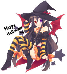Rule 34 | 1girl, :d, bat wings, black hair, boots, choker, detached sleeves, halloween, hand on headwear, happy halloween, hat, heterochromia, long hair, looking at viewer, low-tied long hair, open mouth, original, panties, pantyshot, ribbon choker, simple background, sitting, smile, solo, striped clothes, striped panties, striped sleeves, striped thighhighs, takase kanan, thighhighs, underwear, very long hair, white background, wings, witch hat, zettai ryouiki